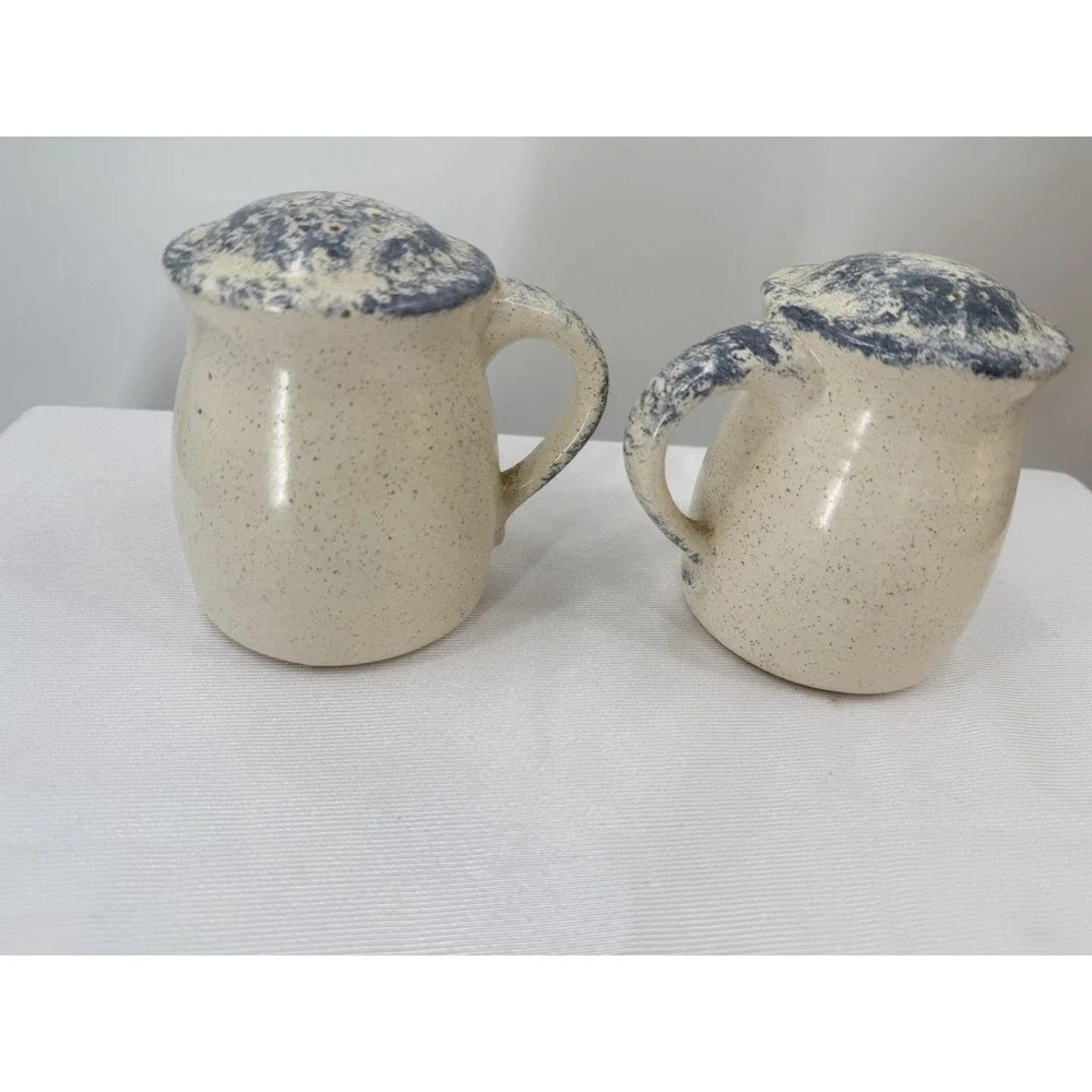 Vintage Cottage Core Salt Pepper Shakers Blue Heart Sunflowers Speckled
